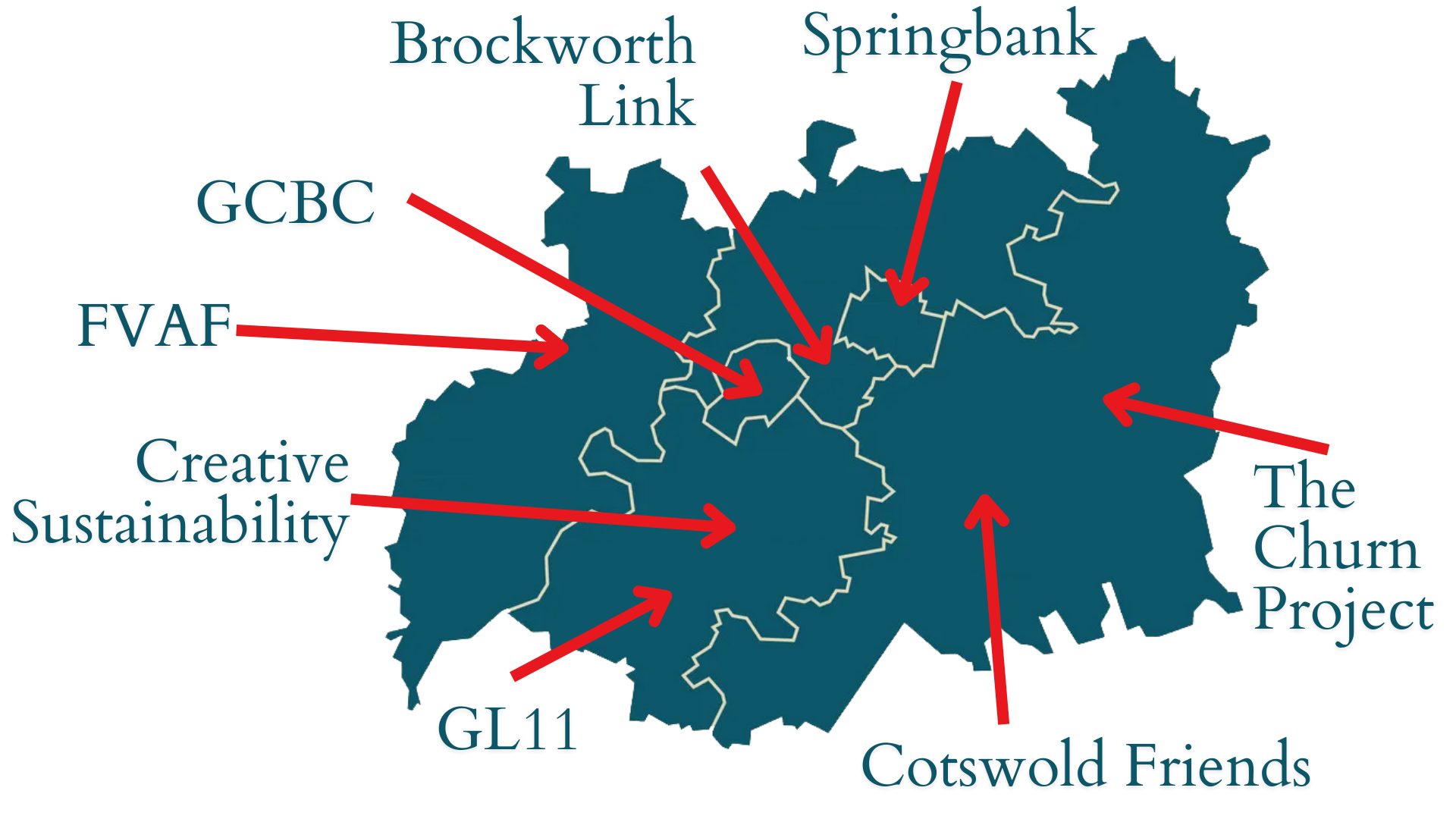 A map showing the Districts across Gloucestershire with arrows to indicate the DIGI Partners who operate in each area.   